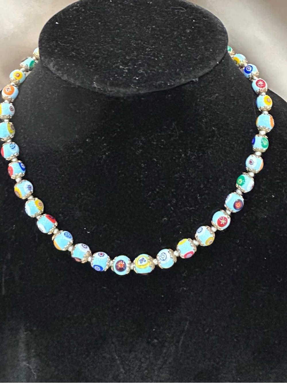 Murano Multicolor Millefiori Bead Necklace with Light Blue Accents